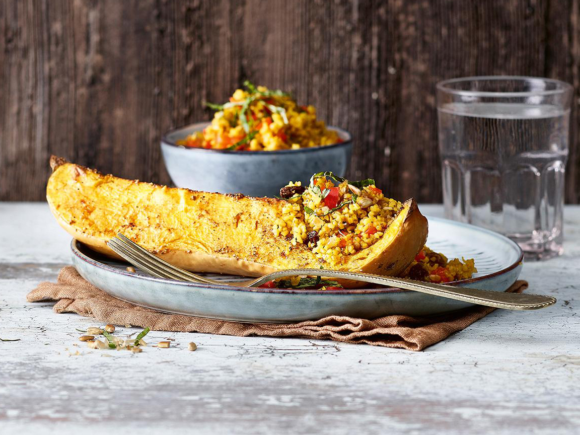 Gerösteter Butternusskürbis mit Peperoni-Bulgur